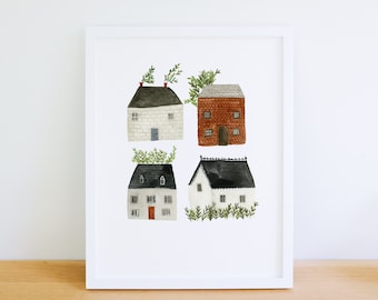 Four Houses - art print - sweet cottage painting