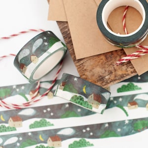 Winter Nights Washi Tape, Cute Stationery, Winter Cottages Masking Tape, Winter Holiday Gift, Bujo,