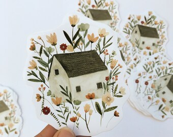 Adorable Floral Cottage Sticker, Cute House art, Illustrated Sticker