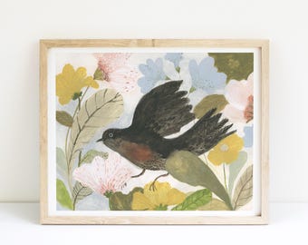 Garden Bird Art Print: Floral Nature Giclée on Archival Paper