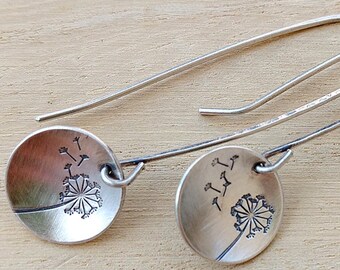 Wishes, Dandelion and Fluff Sterling Silver Hand Stamped Earrings, Free Shipping, Disc earrings