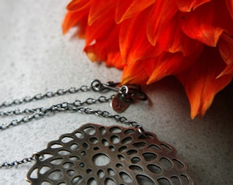 Dahlia Sterling Silver Hand Cut Stylized Pendant - Sterling Silver Necklace