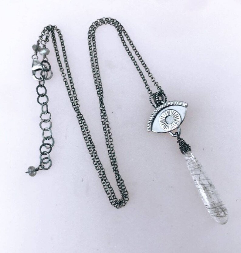 Evil Eye Necklace with Black Rutile Tourmaline Quartz