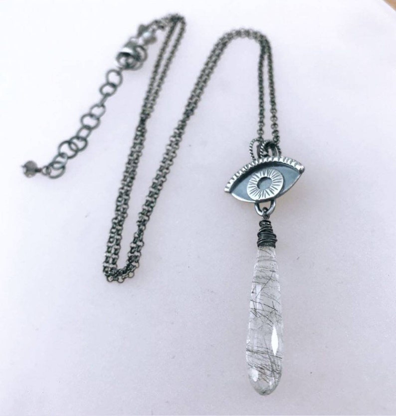Evil Eye Necklace with Black Rutile Tourmaline Quartz