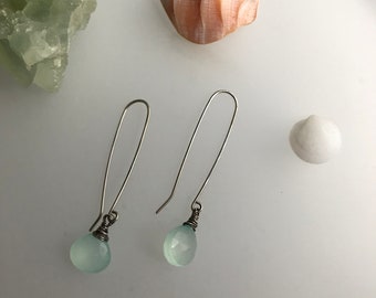 Aqua chalcedony briolette extra long earrings