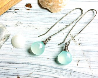 Aqua chalcedony earrings, silver earrings, aqua beads earrings, blue bead earrings