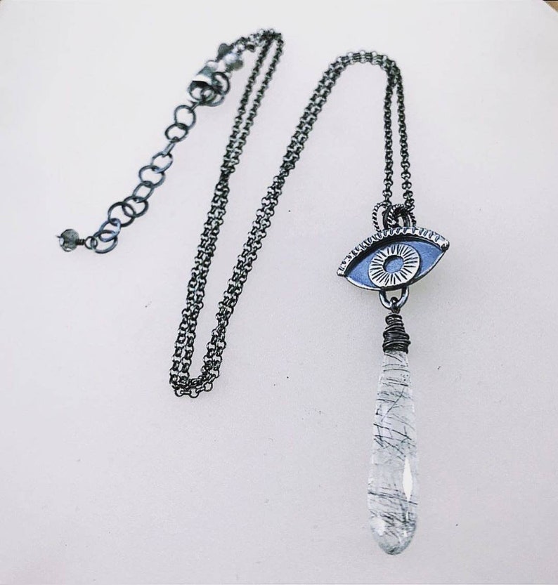 Evil Eye Necklace with Black Rutile Tourmaline Quartz