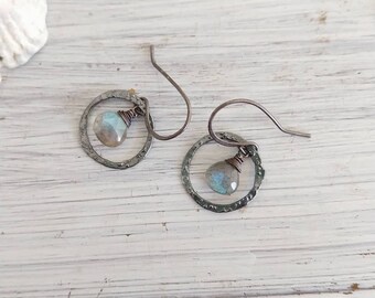 Tiny Everyday Hammered Hoops with Labradorite Briolettes