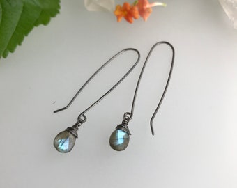 Simple Labradorite Drop Earring, Long Sterling Silver