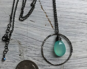 Aqua Chalcedony and Oxidised Sterling Silver Necklacr