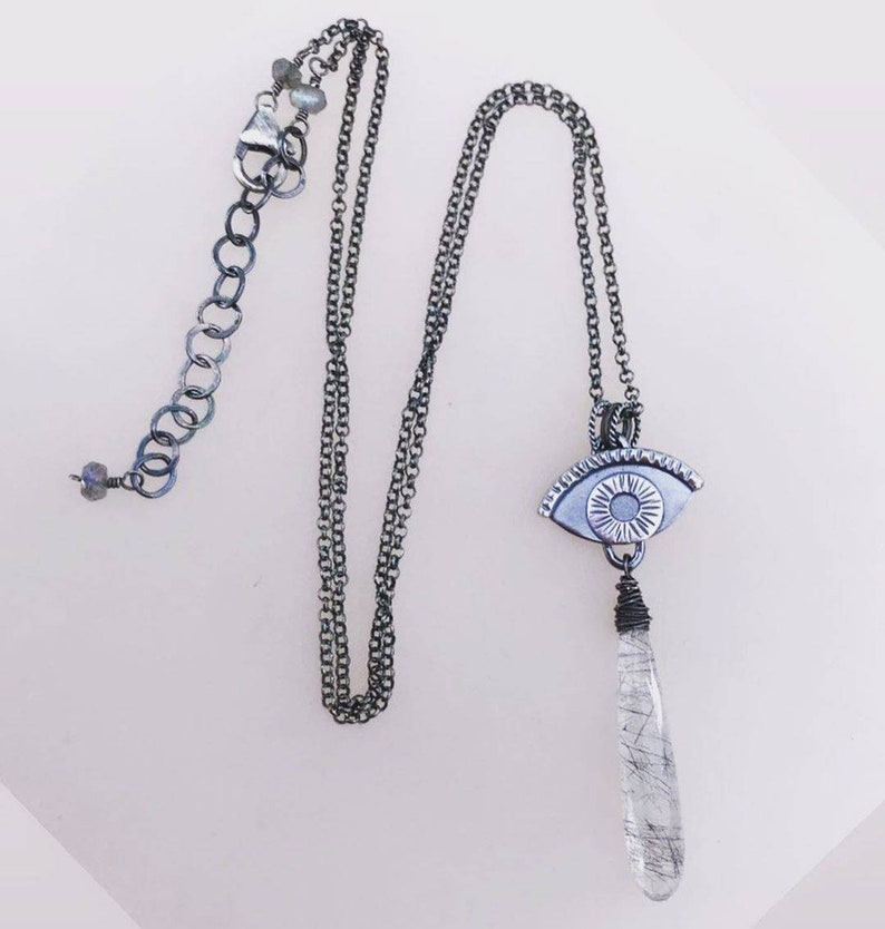 Evil Eye Necklace with Black Rutile Tourmaline Quartz