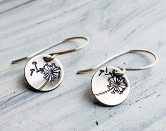 Wishes Dandelion Wishes Sterling Silver Handmade Earrings - Nature Lover Hope Tiny 3/8" Sterling Silver Disks and Argentium Earwires