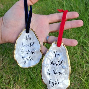 The World Is Your Oyster Shell Ornament – Coastal Christmas Decoration, Christmas Beach Décor, Gold Trim