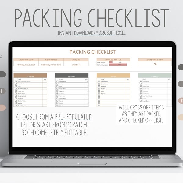 Travel Packing List, Trip Planning Checklist, Vacation Essentials, Travel Prep Template, Microsoft Excel, Editable, Pre-Travel List, To-Do