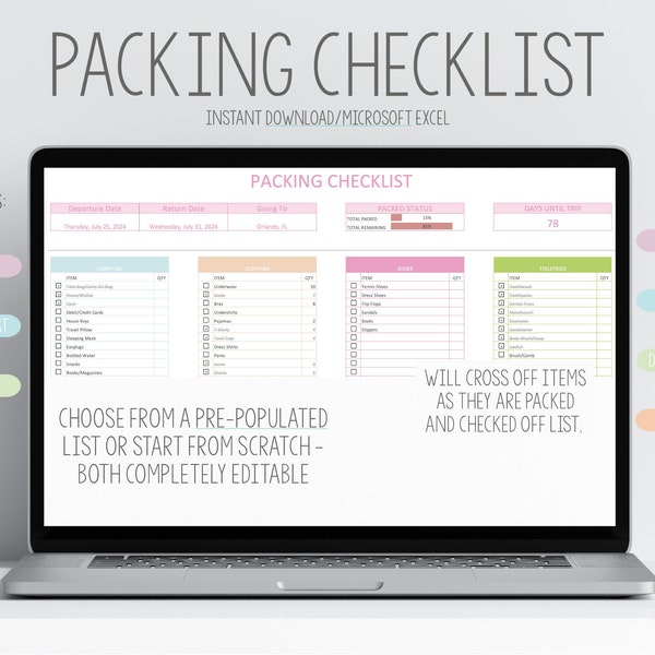 Travel Packing List, Trip Planning Checklist, Vacation Essentials, Travel Prep Template, Microsoft Excel, Editable, Pre-Travel List, To-Do