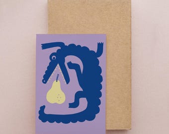 May include: A blue crocodile with a yellow pear in its mouth on a purple background.