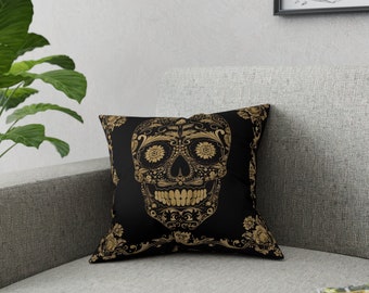 Skull Gold and Black Broadcloth Pillow