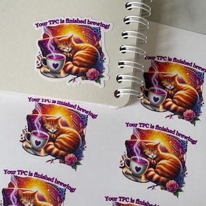 Completed Traveling Postcard Stickers | Sleepy Cat w Tea TPC Traveling Home | 1.5” Envelope Mailing Stickers