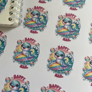 Stickers courrier heureux | Dauphin surfeur kawaii | Autocollants d'envoi pour enveloppes de 1,5 po.