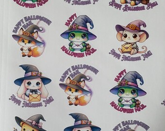 May include: Sheet of Halloween-themed stickers featuring various cartoon animals, including a frog, mouse, fox, bear, and bunny, all wearing witch hats. Each character holds an envelope and is surrounded by the text "Happy Halloween Mail."