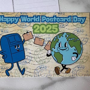 Giornata mondiale della cartolina 2025 / Cartolina Postcrossing 4&quot;x6&quot; / Cassetta postale Groovy Rubberhose e design Earth