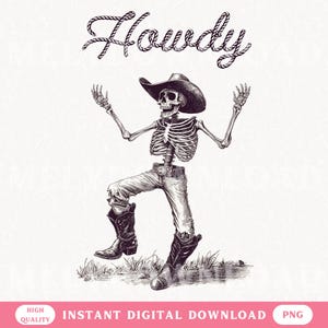 Howdy PNG Western Design Skeleton Shirt Spooky Season Halloween Digital File for Sublimation Retro Cowboy Country Fall