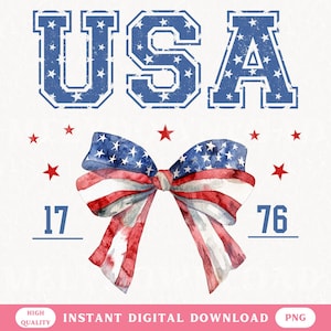 USA 4th of July PNG Coquette Bow Digital File American Flag Design for Shirts or Tote bags 1776 Instant Download Patriotic PNG