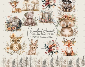 Boho Woodland Animals Clipart Watercolor Bundle| Watercolor Animals Clipart| Fox, Bear, Deer, Owl, Bunny, Raccoon, nursery decoration