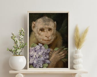 Mono con ramo de violetas. Retrato vintage de mono. Póster imprimible de alta resolución (300 ppp).