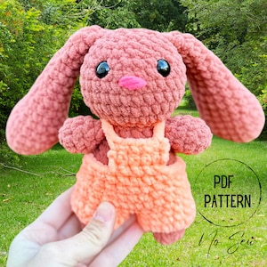 Crochet Plush Bunny Amigurumi Pattern: No Sew Orange Overalls (Digital PDF)