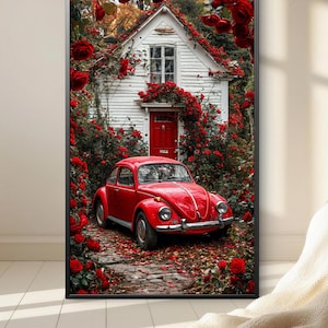 Könnte beinhalten: Gerahmter Kunstdruck mit einem roten Oldtimer vor einem weißen Cottage mit roter Tür, umgeben von roten Rosen. Die Szene spielt auf einem Steinweg, mit Herbstlaub.