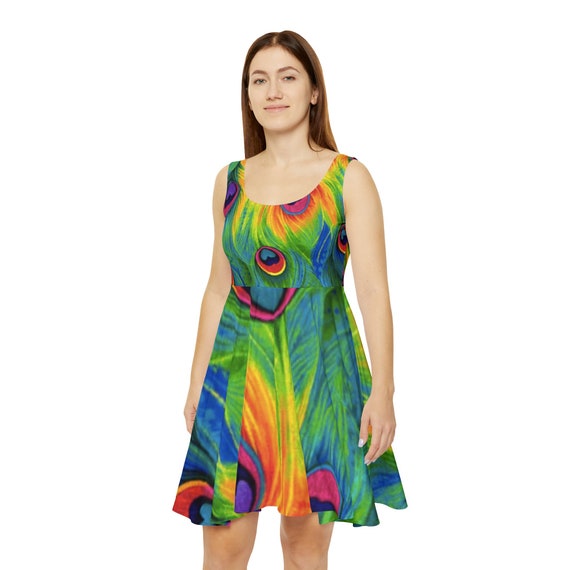 Peacock Pattern Dress Women s Skater Dress AOP Blue and Green Dress Woman Summer Dress Colorful Dress Etsy