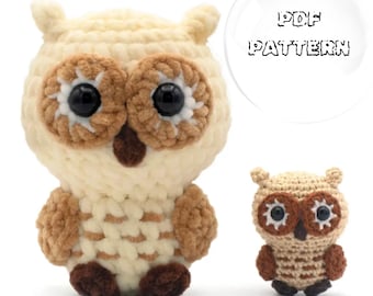 May include: Two crocheted owl plushies, one larger than the other. The larger owl is cream colored with brown accents and large black eyes. The smaller owl is brown with cream accents and black eyes. The text "PDF PATTERN" is visible in the background.