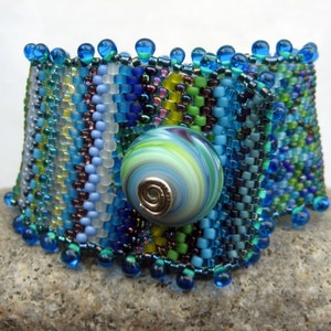 monet's waterlilies, beadwoven cuff bracelet in blue and green one of a kind wearable art by thebeadedlily image 2