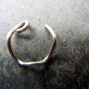 May include: A silver ring with a unique, twisted design. The ring is made of metal and has a smooth, polished finish.