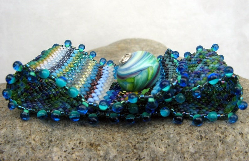 monet's waterlilies, beadwoven cuff bracelet in blue and green one of a kind wearable art by thebeadedlily image 5