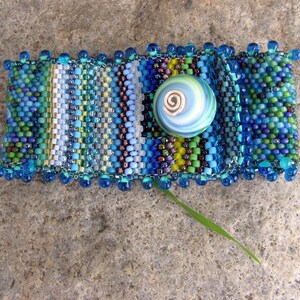 monet's waterlilies, beadwoven cuff bracelet in blue and green one of a kind wearable art by thebeadedlily image 3