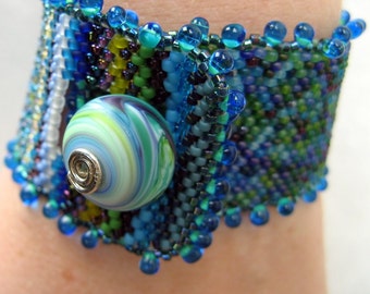 monet's waterlilies, beadwoven cuff bracelet in blue and green-- one of a kind wearable art by thebeadedlily