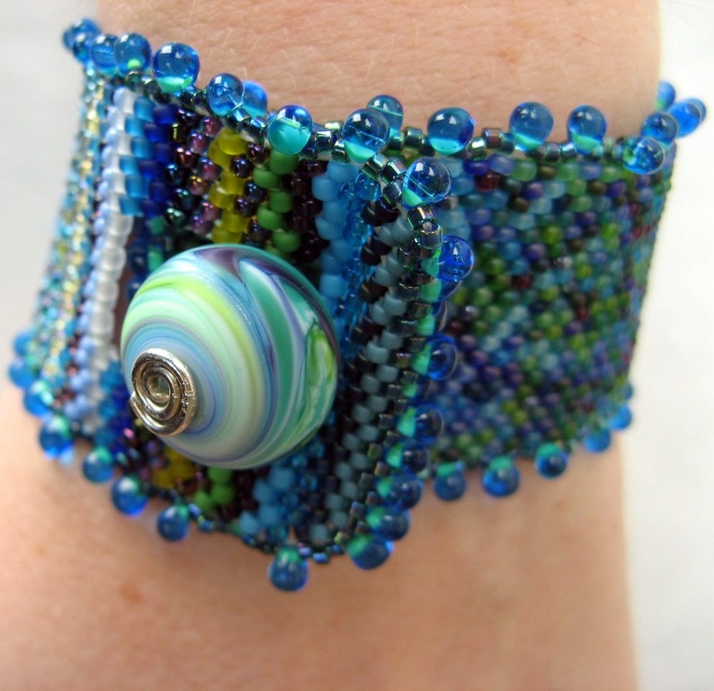 monet's waterlilies, beadwoven cuff bracelet in blue and green one of a kind wearable art by thebeadedlily image 1