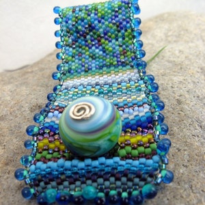 monet's waterlilies, beadwoven cuff bracelet in blue and green one of a kind wearable art by thebeadedlily image 4