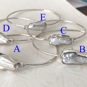 Cream white Natural Freshwater Pearl bezel Sterling Silver Bangle Bracelet BR23