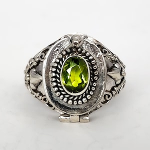 Green Peridot August Birthstone Poison Ring Bali Sterling Silver Locket Ring  AR110