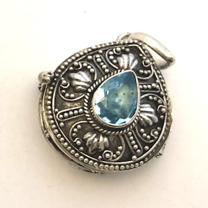 Blue topaz December (sub March Aquamarine) Birthstone Tear Drop Locket Pendant Bali Sterling Silver Keepsake Rolo Chain Necklace PL32