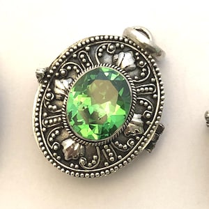 Green Zircon May birthstone color Oval Drop Locket Pendant Bali Sterling Silver Keepsake Chain Necklace PL33