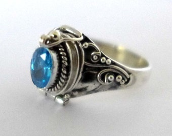Poison Ring Bali Sterling Silver Locket Ring  Blue Zircon December birthday birthstone AR04
