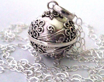 14mm Flower Angel caller Guardian bell Mexican Bola Sterling Silver  ball Chime Necklace 16- 36" chain (59)