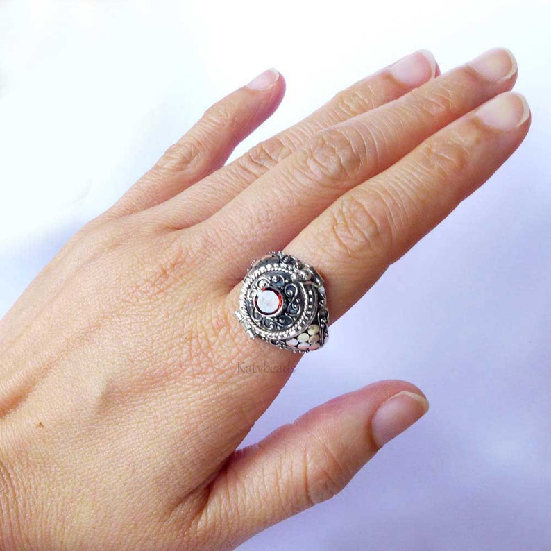 Puede incluir: Anillo de plata ornamentado con una gema roja central rodeada de intrincados filigranas y peque&ntilde;os detalles blancos. El anillo se muestra en una mano, resaltando su dise&ntilde;o detallado. Una pieza de joyer&iacute;a &uacute;nica.