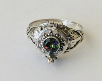 Mystic Quartz stone Small Poison Ring Bali Sterling Silver Locket Ring  AR79