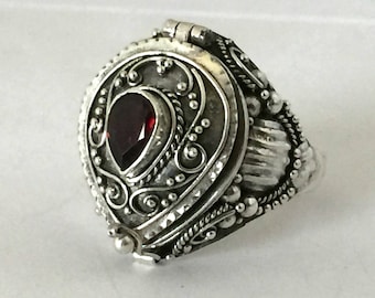 Red Garnet January birthstone tear drop shape Poison Ring Bali Sterling Silver Locket Ring AR25