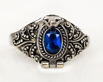 Blue Terbium September birthstone Poison Ring Bali Sterling Silver Locket Ring AR05